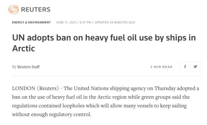 Reuters: UN adopts ban on heavy fuel oil use by ships in Arctic